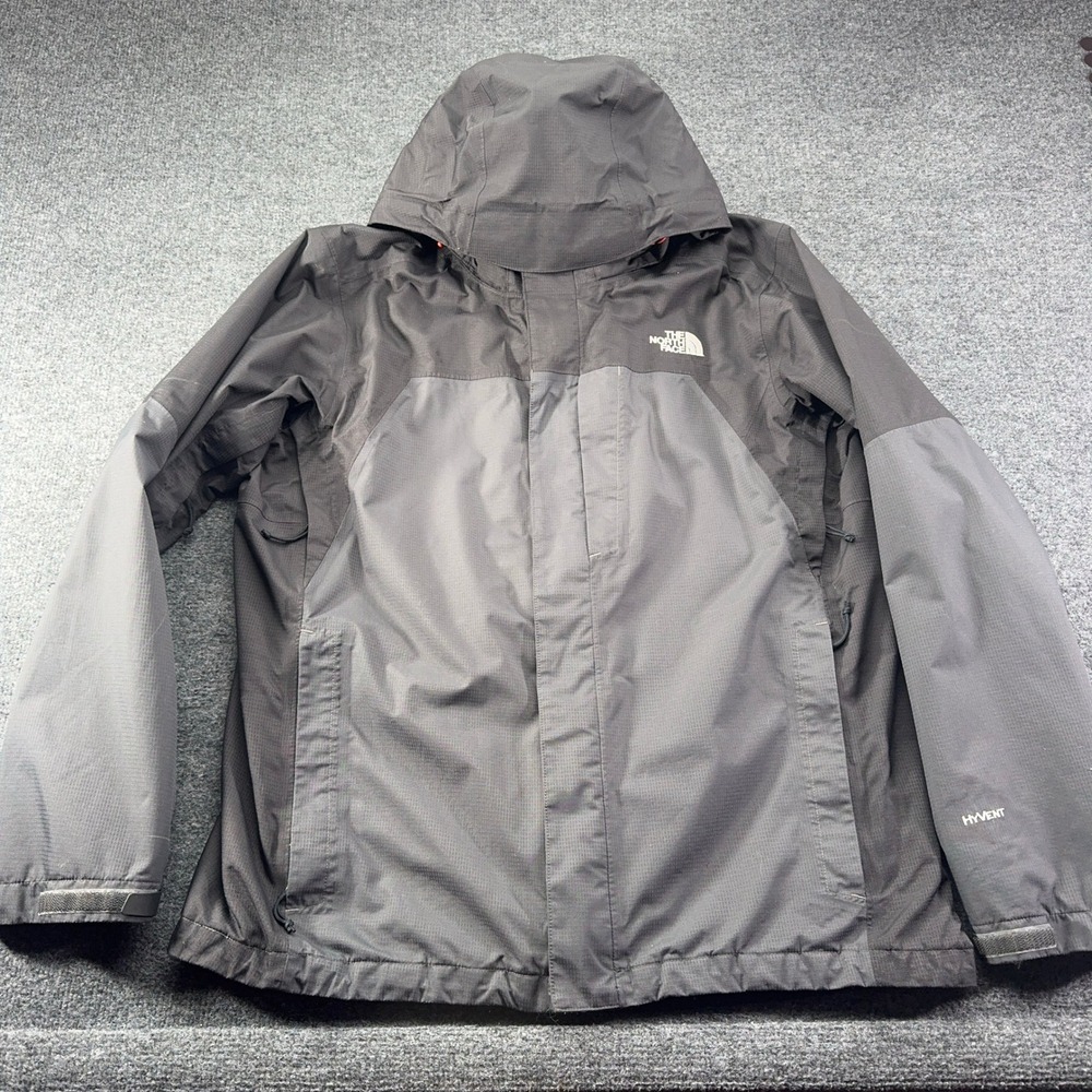 The North Face HyVent Rain Jacket Mens Gray Black Hooded Waterproof Shell Large